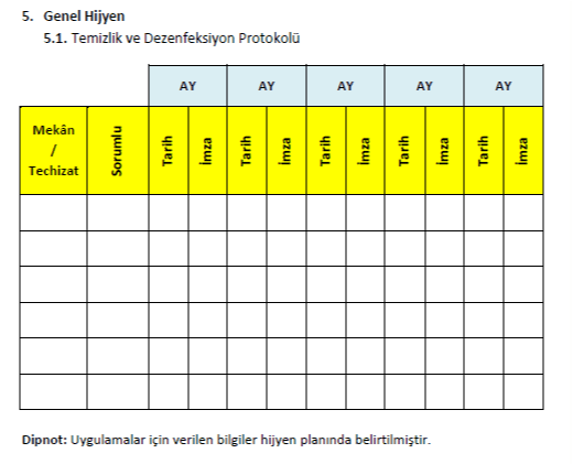 Temizlik ve Dezenfeksiyon Protokolü Örneği